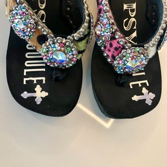 GYPSY SOULE Black Platform Flip-flops BeDazzle Swarovski Crystal Rhinestones 8 - Picture 6 of 16